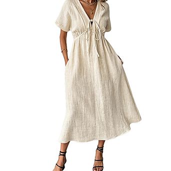 Women's Boho V-Neck Casual Loose Short Sleeve Midi Long Beach Dress