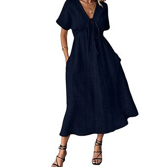 Women's Boho V-Neck Casual Loose Short Sleeve Midi Long Beach Dress