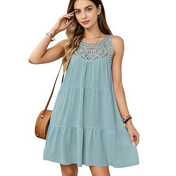 Women Casual Sleeveless Crew Neck A-Line Boho Beach Vacation Sundress