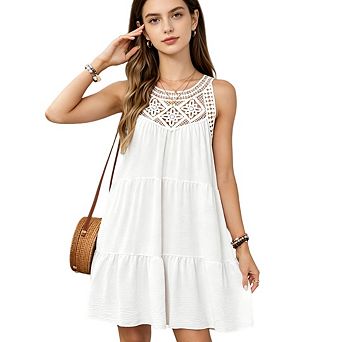 Women Casual Sleeveless Crew Neck A-Line Boho Beach Vacation Sundress