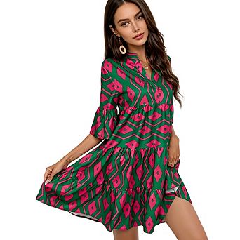 Women's Elegant Loose V-Neck Casual Short Sleeve Casual Beach Dress