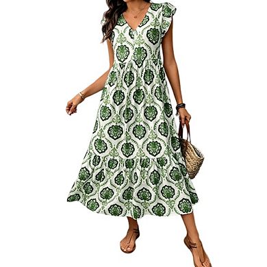 Women's Boho Printed V Neck Ruffle Trim Casual Sleeveless Flowy Midi Dresses