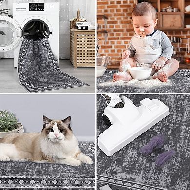 Distressed Geometric Machine Washable Area Rug Stain-Resistant Soft Low-Pile Carpet for Bedroom