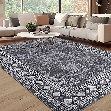 Distressed Geometric Machine Washable Area Rug Stain-Resistant Soft Low-Pile Carpet for Bedroom
