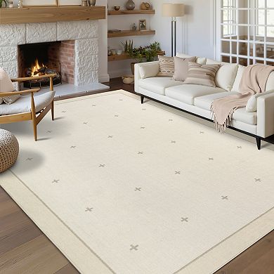 Minimalist Cross Pattern Machine Washable Area Rug Non-Slip Wear-Resistant Soft Low-Pile Carpet