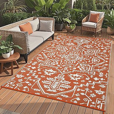 Vintage Pattern Reversible Waterproof Outdoor Rug & Wear-Resistant UV Stabilized Carpet for Patios