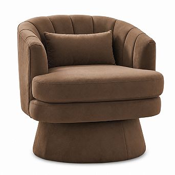 Velvet Swivel Accent Chair, 360° Rotation Barrel Chair w/Lumbar Pillow, Upholstered Armchair