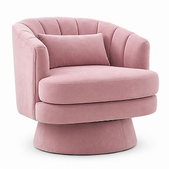 Velvet Swivel Accent Chair, 360° Rotation Barrel Chair w/Lumbar Pillow, Upholstered Armchair