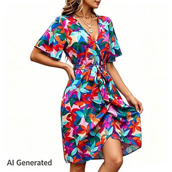 Women's Boho Floral Midi Short Sleeve v Neck High Waist Flowy Beach Vacation Dresses with Belt