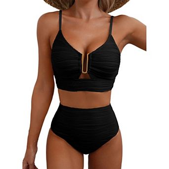 Women's Hollow Out High Waist Textured Pleated Two-Piece Bikini Set with U-Wire Support Swimwear