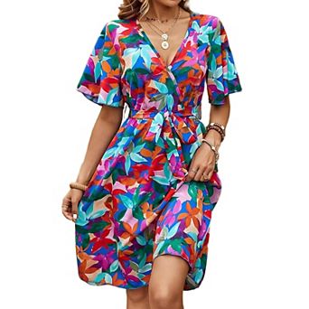 Women's Boho Floral Midi Short Sleeve v Neck High Waist Flowy Beach Vacation Dresses with Belt