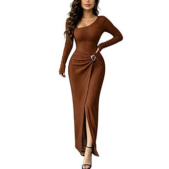 Women's Square Neck Long Sleeve Knit Maxi Dress Ring Waist Wrap Slit Bodycon Evening Party Dresses
