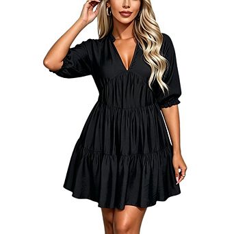 Women's Stand Collar Half Placket V Neck Puff Ruffle Short Sleeve Tiered Mini Dress