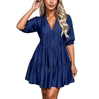 Women's Stand Collar Half Placket V Neck Puff Ruffle Short Sleeve Tiered Mini Dress