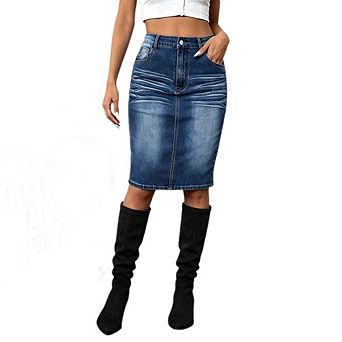 Women's High Waist Stretch Denim Midi Pencil Skirt Fitted Bodycon Slim Casual Everyday Bottom