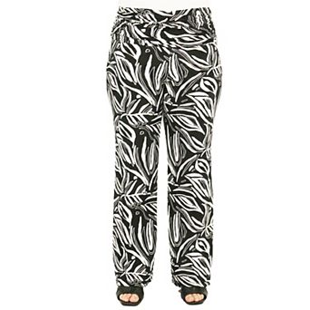 Plus Size 24Seven Comfort Apparel Print Fold Over Waist Wide Leg Pants