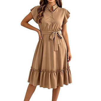 Women's Stand Collar Flutter Cap Sleeve Shirt Dress Belted Waist Ruffle Hem Casual Midi Dresses