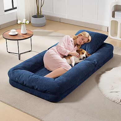 Human Dog Bed Floor Lounge Chair Convertible Sofa Bed 5-Position Adjustable with 2 Pillows