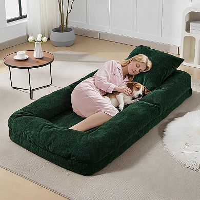 Human Dog Bed Floor Lounge Chair Convertible Sofa Bed 5-Position Adjustable with 2 Pillows