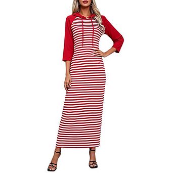 Women's Striped Raglan 3/4 Sleeve Hooded Maxi Dress Drawstring Kangaroo Pocket Fitted Casual Dresses