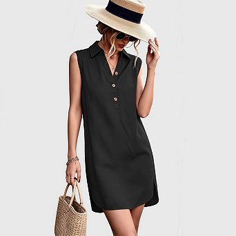 Womens Sleeveless Shirt Dress Summer Casual Button Down Beach Cover Up