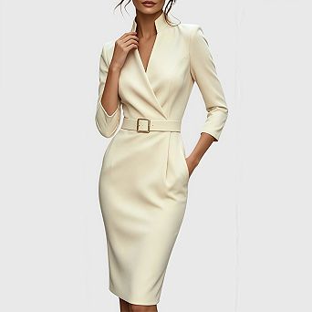 Women's Midi Work Dress 3/4 Sleeve V-Neck Bodycon Pencil Outfit for Casual Business