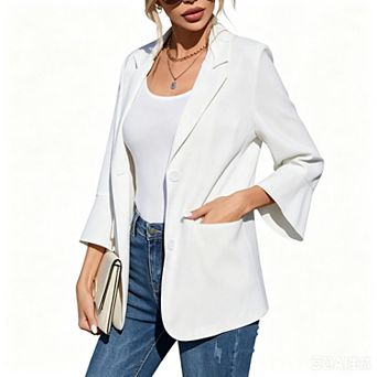 Women's 3/4 Sleeve Casual Blazer Full Lining Slim Fit Work Suit Jacket With Pockets