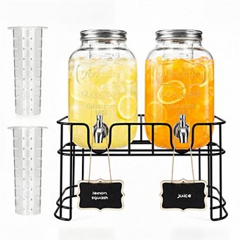 2 Pack Glass Drink Dispensers 1.06 Gallon with Stand and Stainless Steel Spigots Ice Core Lids for P