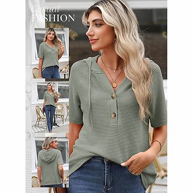 Women's V Neck Half Button Waffle Knit Short Sleeve Hooded Casual Tunic Top