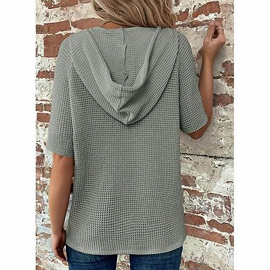 Women's V Neck Half Button Waffle Knit Short Sleeve Hooded Casual Tunic Top