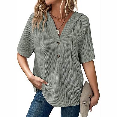 Women's V Neck Half Button Waffle Knit Short Sleeve Hooded Casual Tunic Top