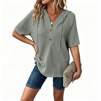 Women's V Neck Half Button Waffle Knit Short Sleeve Hooded Casual Tunic Top