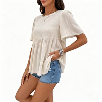 Women's Round Neck Pom Pom Trim Flutter Short Sleeve Back Button Peplum Babydoll Blouse
