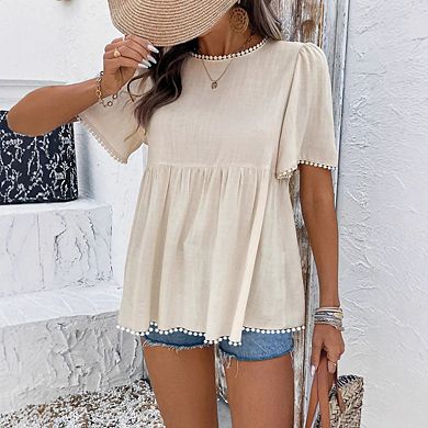 Women's Round Neck Pom Pom Trim Flutter Short Sleeve Back Button Peplum Babydoll Blouse