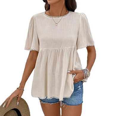 Women's Round Neck Pom Pom Trim Flutter Short Sleeve Back Button Peplum Babydoll Blouse