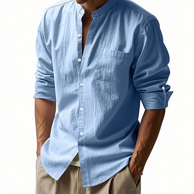 Men's Linen Shirts Casual Button Down Long Sleeve Summer Beach Shirts with Pocket