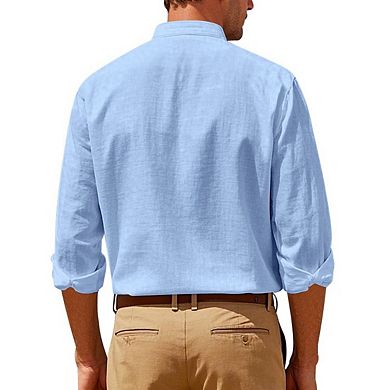 Men's Linen Shirts Casual Button Down Long Sleeve Summer Beach Shirts with Pocket