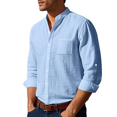 Men's Linen Shirts Casual Button Down Long Sleeve Summer Beach Shirts with Pocket