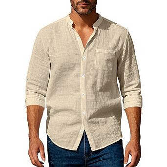 Men's Linen Shirts Casual Button Down Long Sleeve Summer Beach Shirts with Pocket