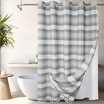 Awesome Home Horizontal Beach Stripe Tassels Shower Curtain with Snap-in Liner