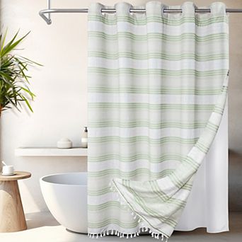 Awesome Home Horizontal Beach Stripe Tassels Shower Curtain with Snap-in Liner