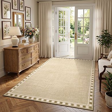Checkered Border Washable Rugs with Non Slip Backing, Neutral Stain Resistant Mats