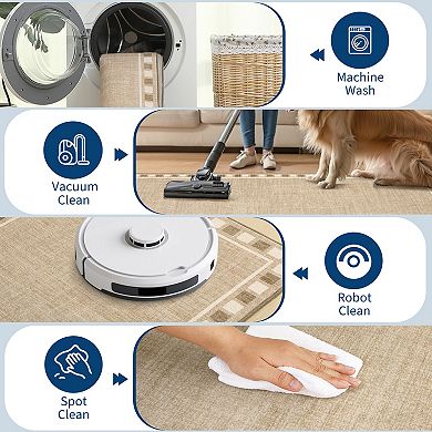 Checkered Border Washable Rugs with Non Slip Backing, Neutral Stain Resistant Mats