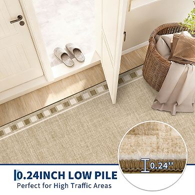 Checkered Border Washable Rugs with Non Slip Backing, Neutral Stain Resistant Mats