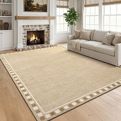 Checkered Border Washable Rugs with Non Slip Backing, Neutral Stain Resistant Mats