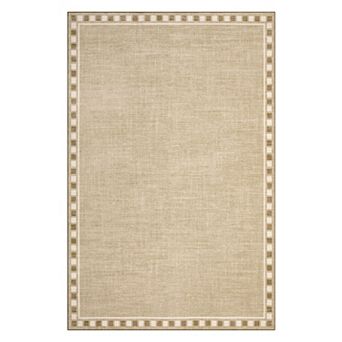 Checkered Border Washable Rugs with Non Slip Backing, Neutral Stain Resistant Mats