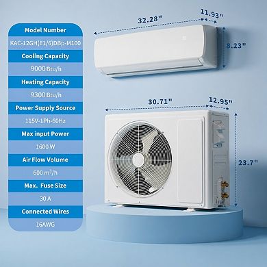 9000 BTU Ductless Mini Split AC, 19 SEER2, Ultra-Quiet, Covers 450 Sq. Ft.