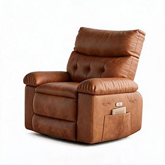 Oversized Cognac Faux Leather Swivel Rocker Recliner with Massage Heat