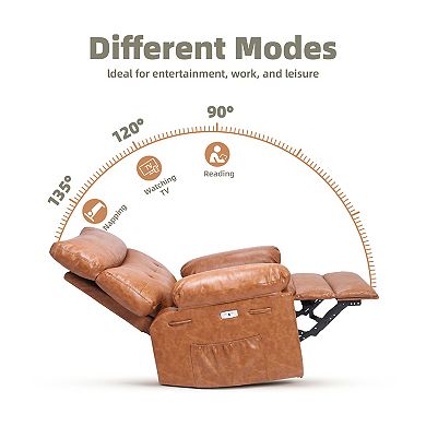 Oversized Cognac Faux Leather Swivel Rocker Recliner with Massage Heat