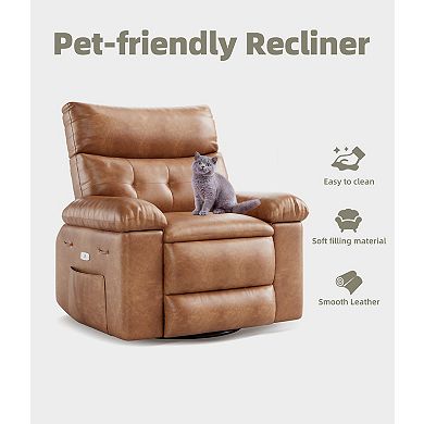 Oversized Cognac Faux Leather Swivel Rocker Recliner with Massage Heat